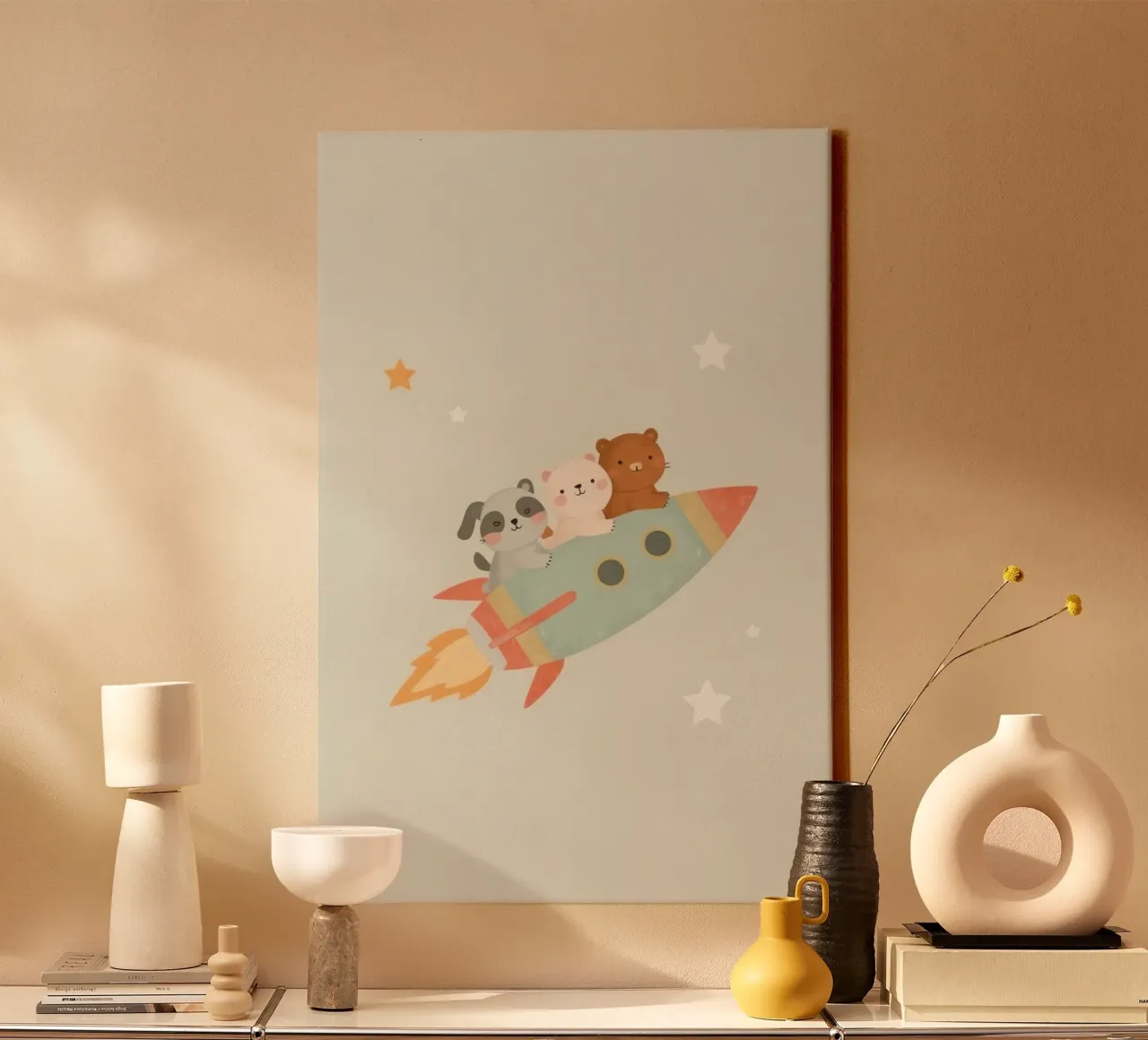 Vivaio Animali carini dei cartoni animati in un razzo tela con Cornice a cassetta da DesignDoodle