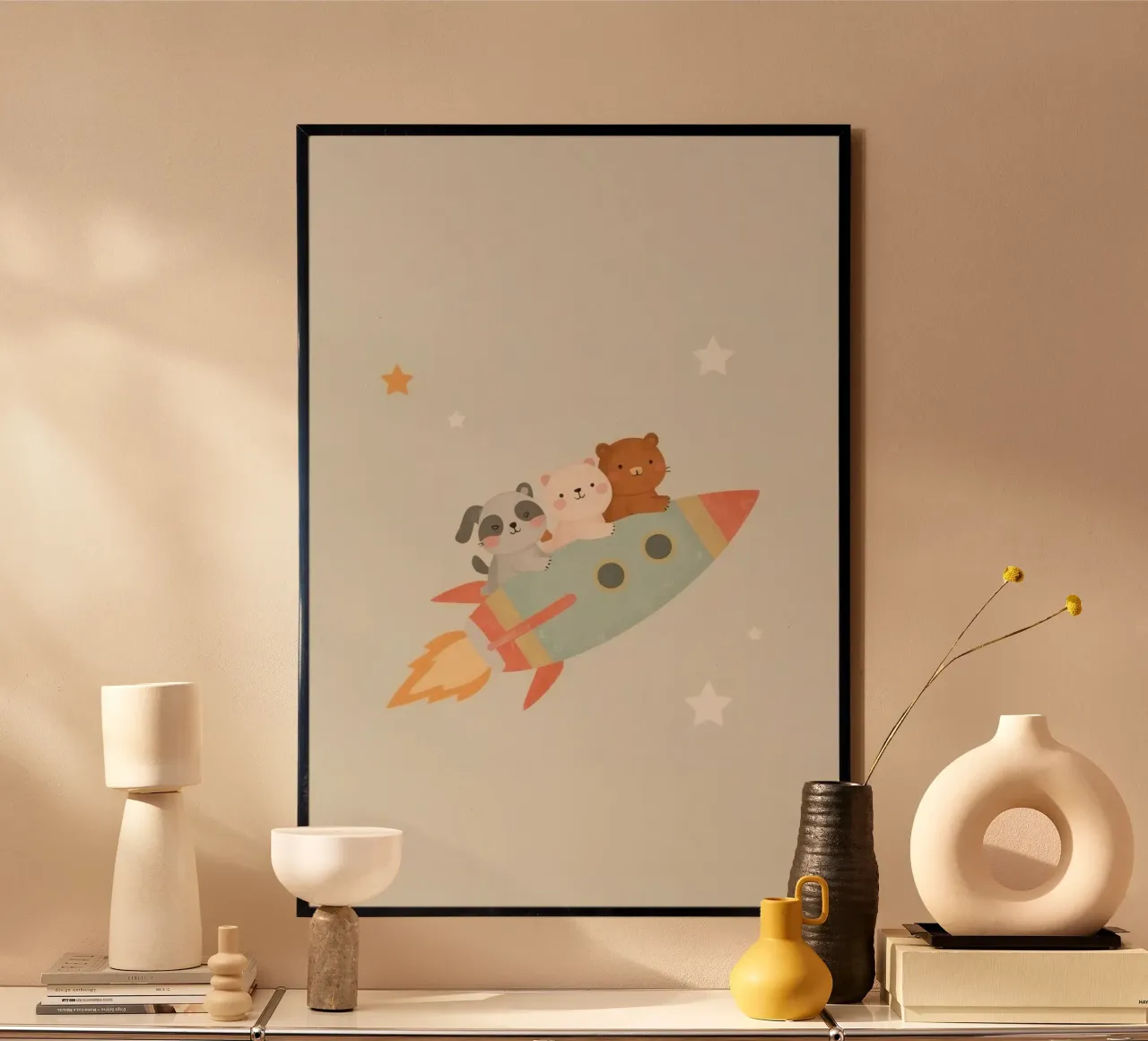 Vivaio Animali carini dei cartoni animati in un razzo poster con telaio in alluminio da DesignDoodle