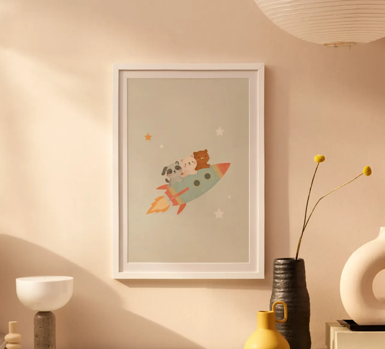Vivaio Animali carini dei cartoni animati in un razzo poster con telaio in alluminio da DesignDoodle