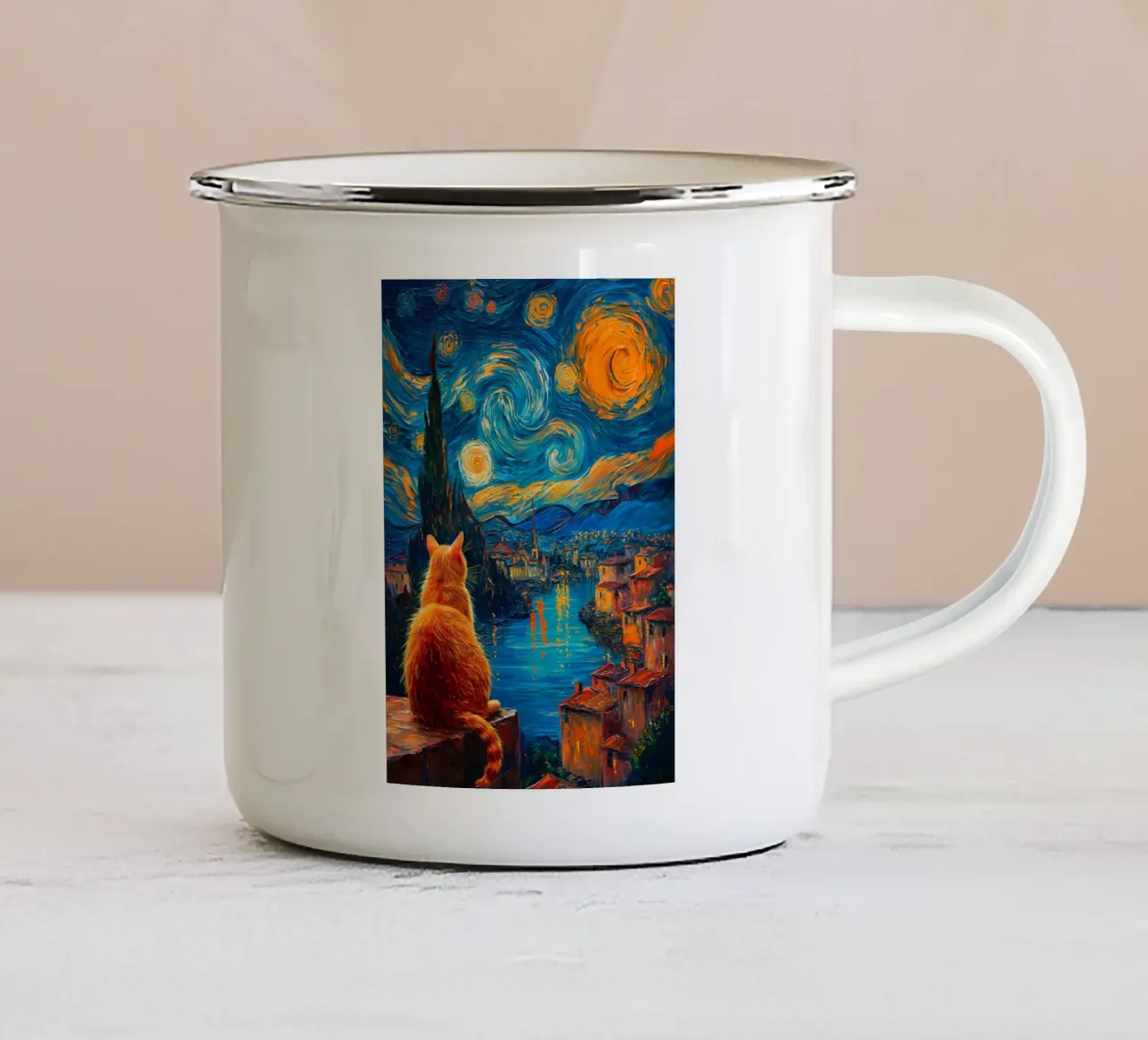 Gatto Notte Stellata tazza in smalto da Stellar Creative