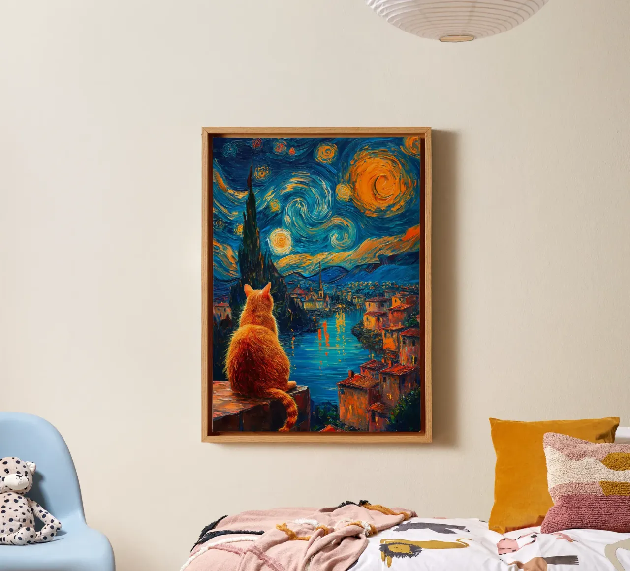 Gatto Notte Stellata tela con Cornice a cassetta da Stellar Creative