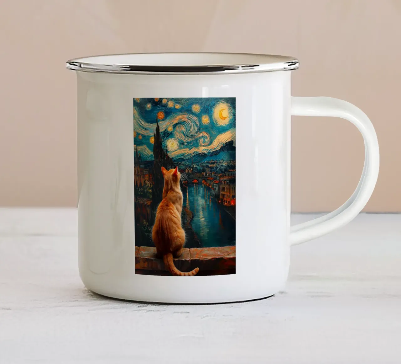 Gatto Notte Stellata tazza in smalto da Stellar Creative