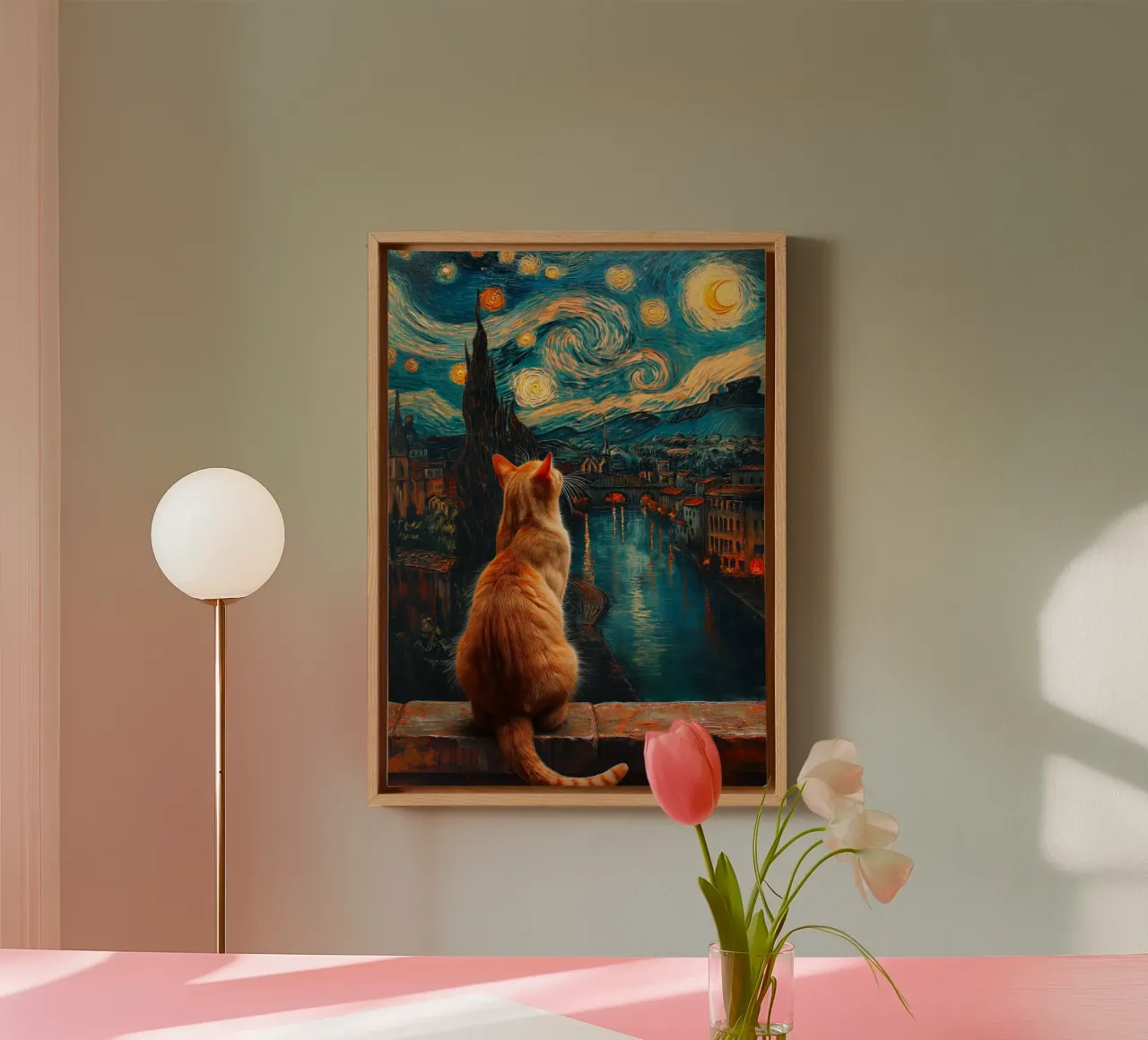 Gatto Notte Stellata tela con Cornice a cassetta da Stellar Creative