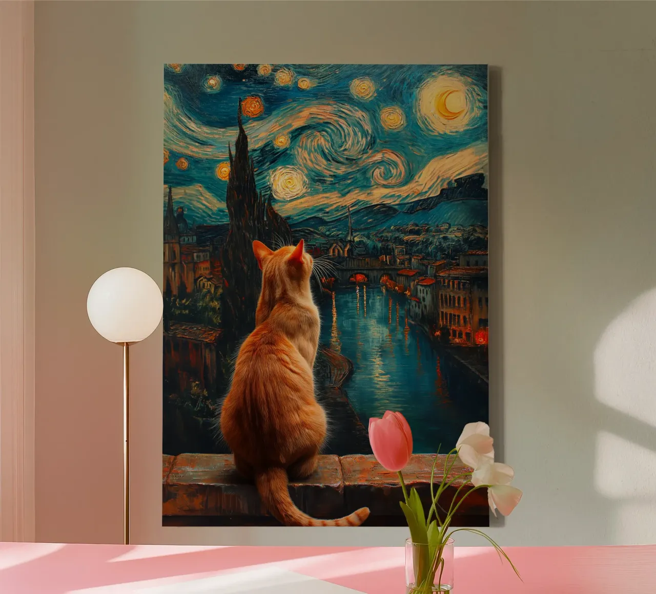 Gatto Notte Stellata tela con Cornice a cassetta da Stellar Creative