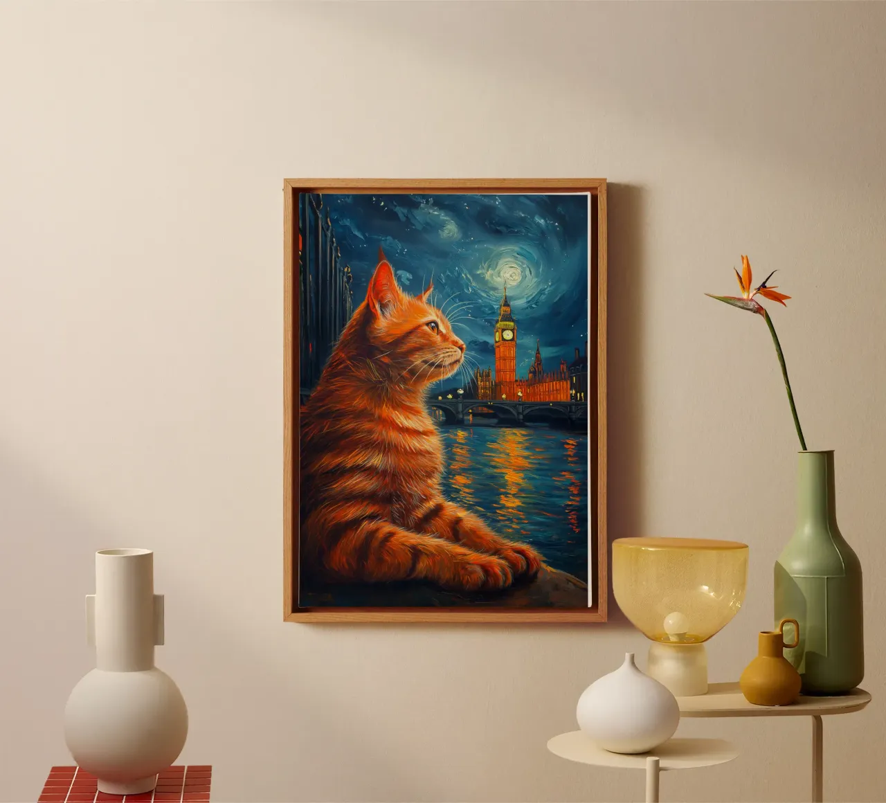 Gatto Londra Notte stellata tela con Cornice a cassetta da Stellar Creative