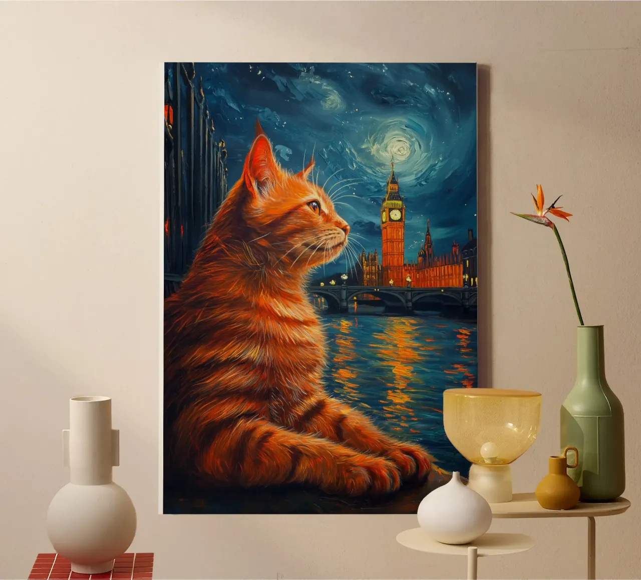 Gatto Londra Notte stellata tela con Cornice a cassetta da Stellar Creative