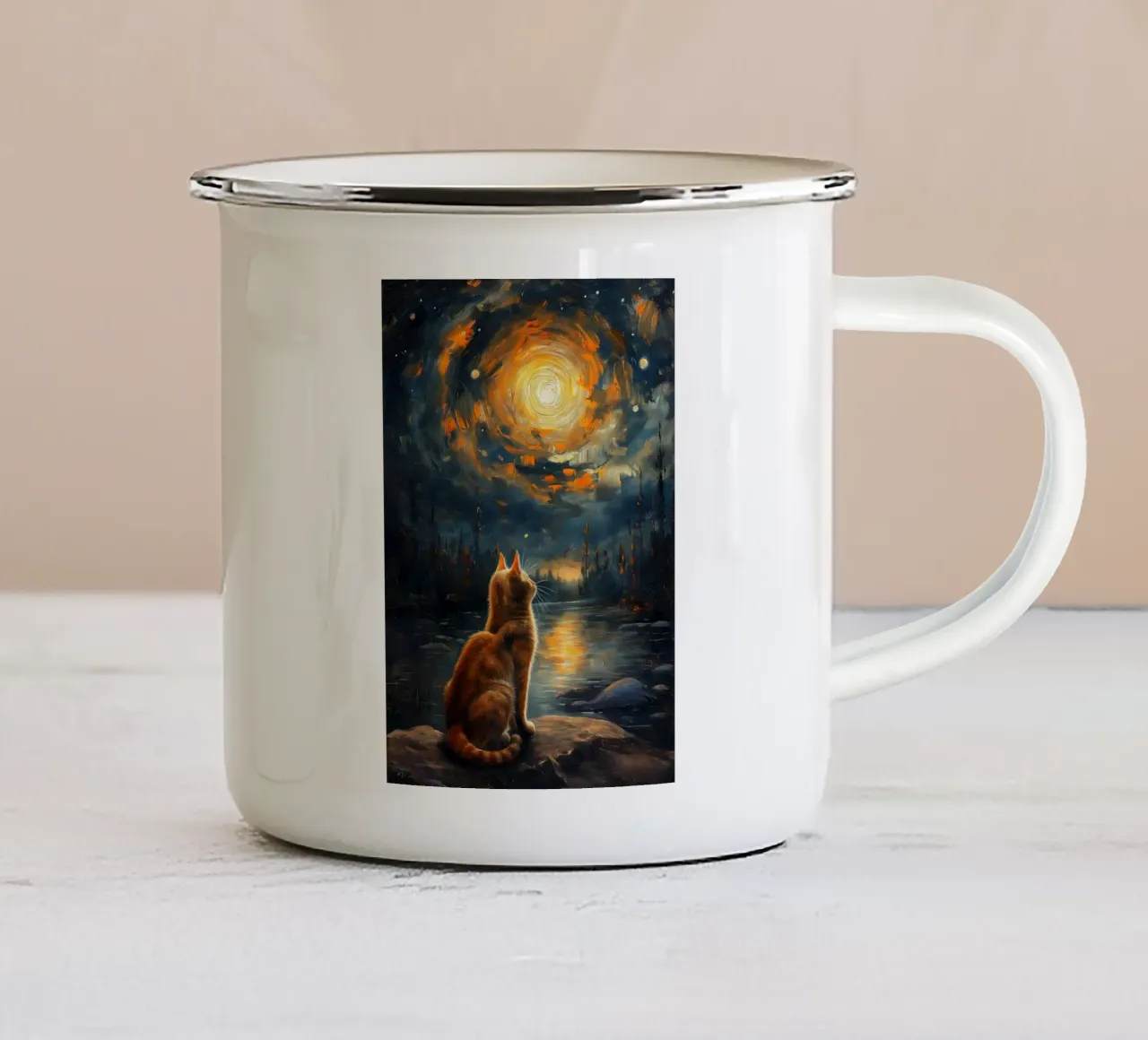 Gatto Notte Stellata tazza in smalto da Stellar Creative