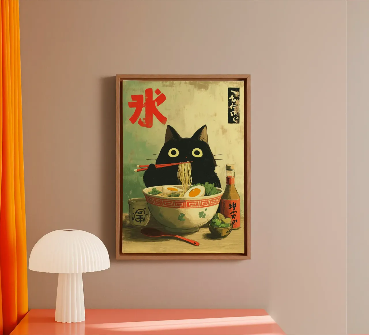 Kawaii zwarte kat die Ramen eet canvas met Baklijst van Stellar Creative
