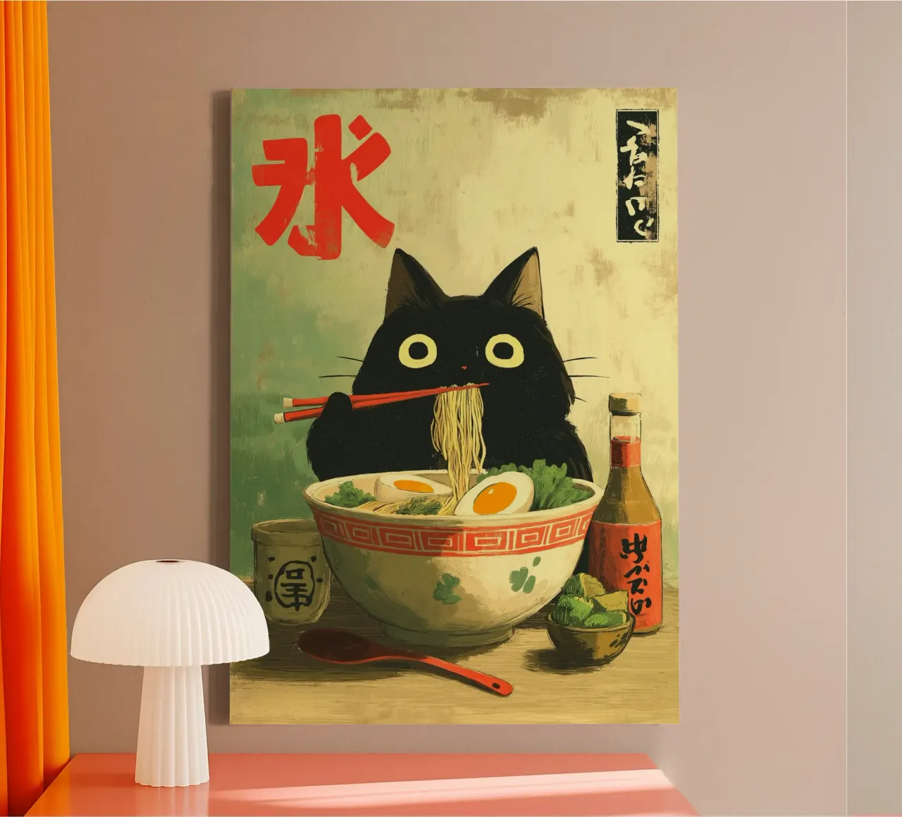 Kawaii zwarte kat die Ramen eet canvas met Baklijst van Stellar Creative