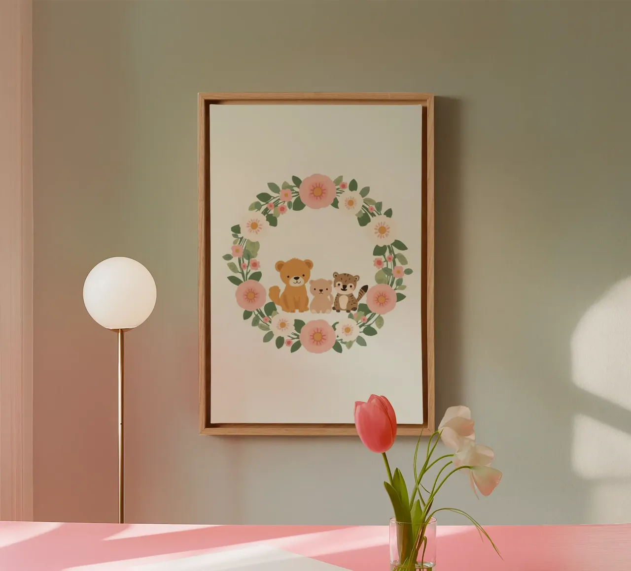 Cute Nursery Cartoon Animals Inside Floral Wreath (Animali dei cartoni animati all'interno di una corona floreale) tela con Cornice a cassetta da DesignDoodle