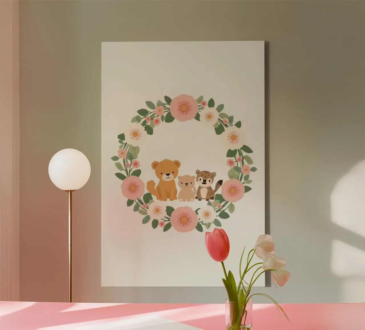 Cute Nursery Cartoon Animals Inside Floral Wreath (Animali dei cartoni animati all'interno di una corona floreale) tela con Cornice a cassetta da DesignDoodle