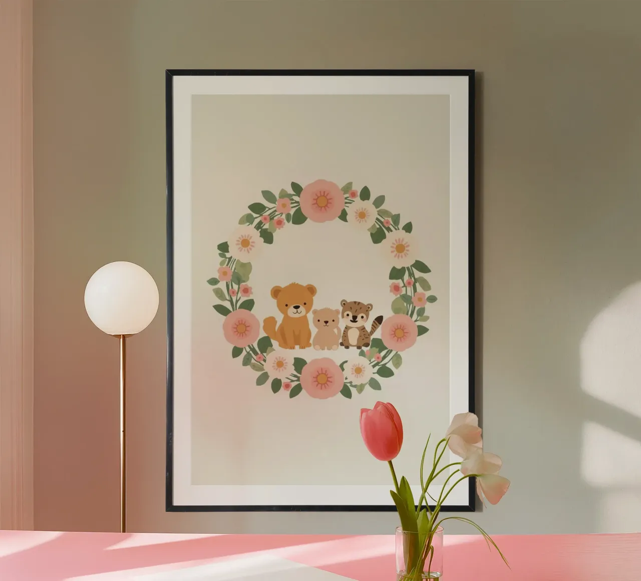 Cute Nursery Cartoon Animals Inside Floral Wreath (Animali dei cartoni animati all'interno di una corona floreale) poster da DesignDoodle