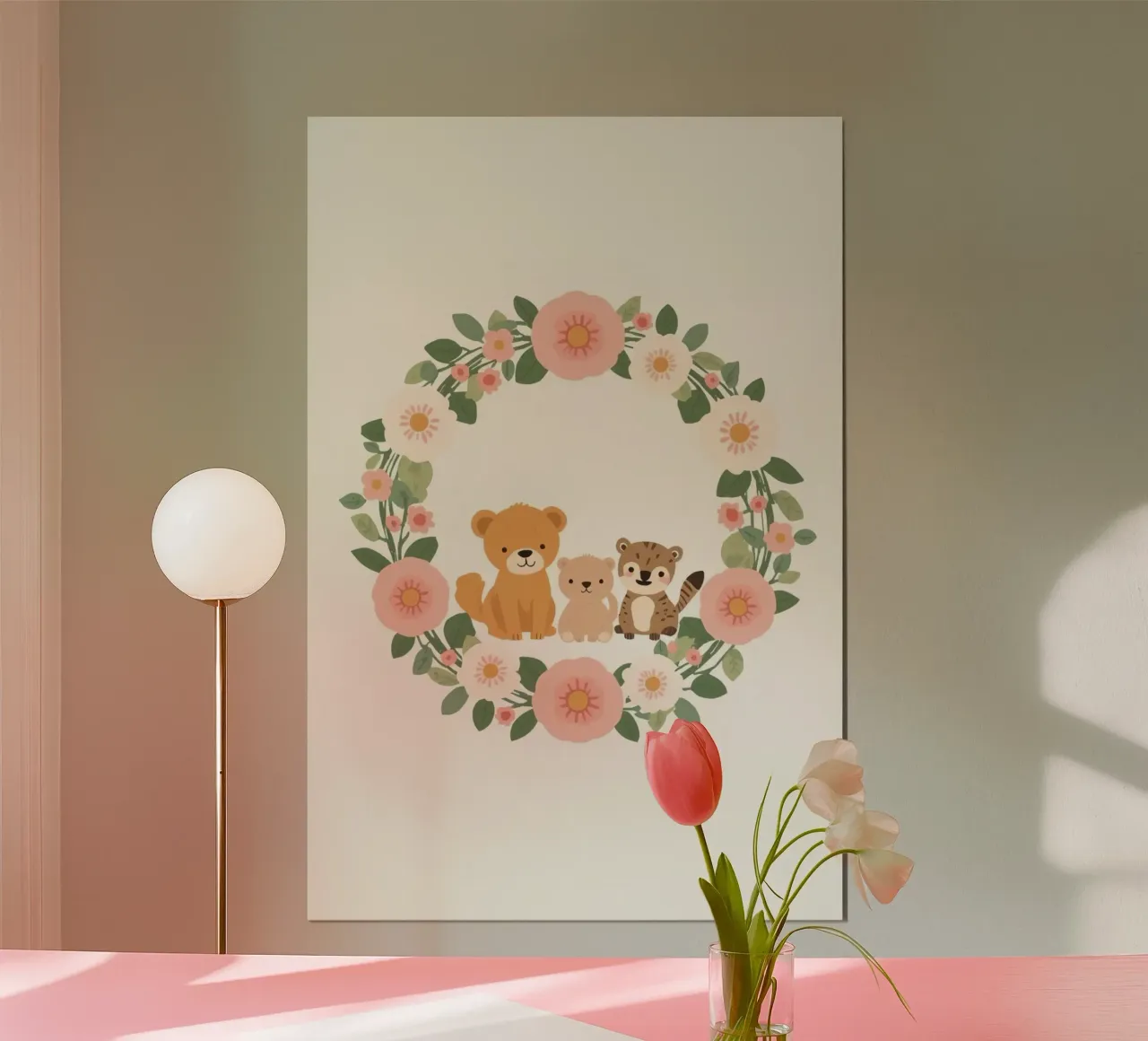 Cute Nursery Cartoon Animals Inside Floral Wreath (Animali dei cartoni animati all'interno di una corona floreale) poster da DesignDoodle
