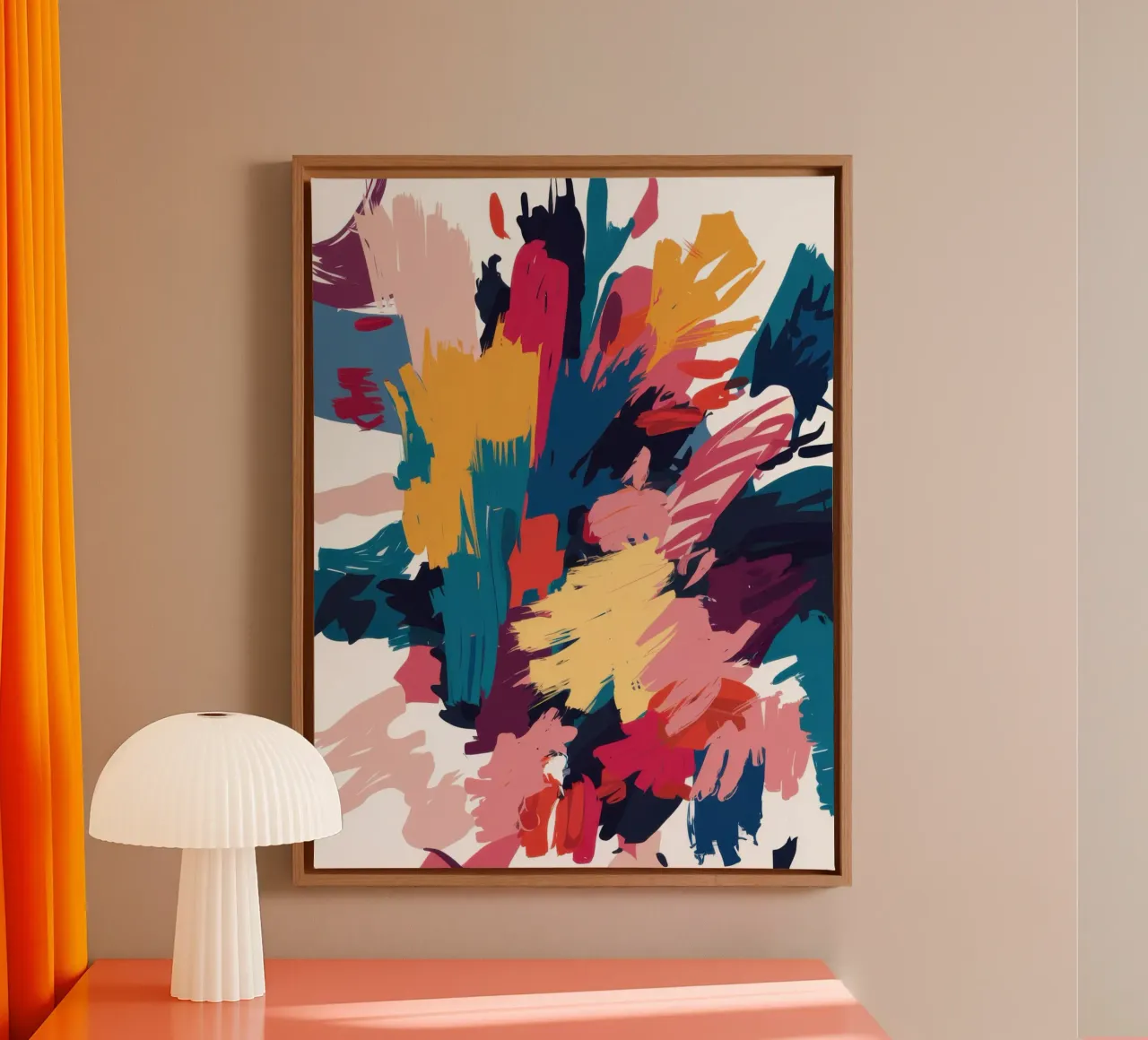 Levendige chaos met penseelstreken canvas met Baklijst van Moon Revolver