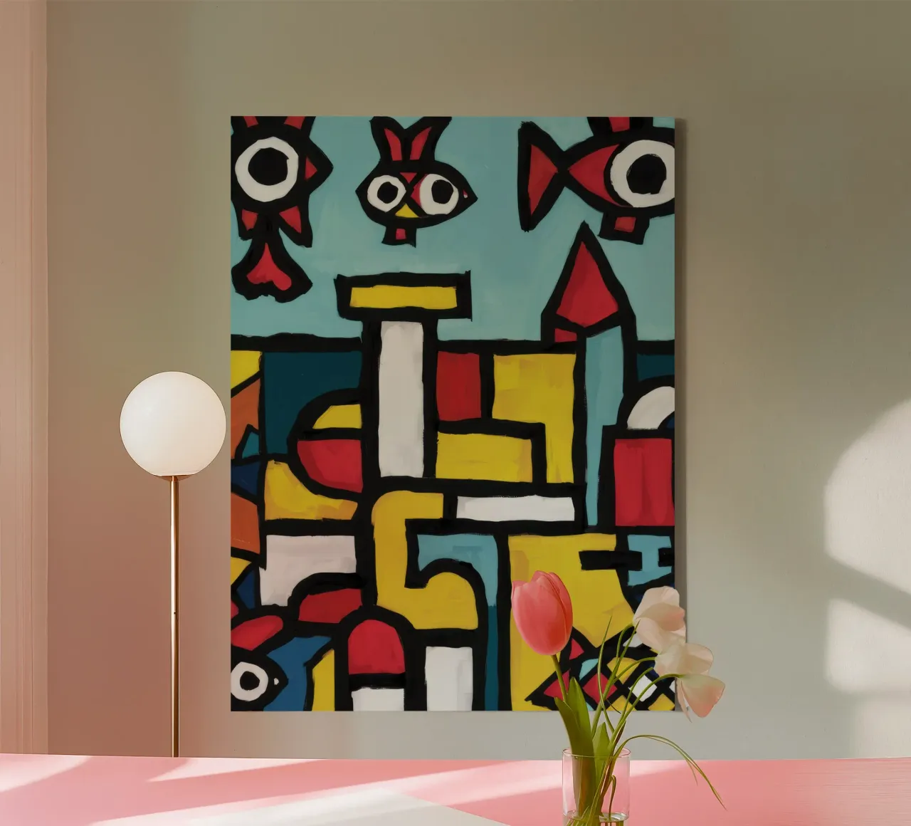 Geometrisch abstract mozaïek canvas met Baklijst van Moon Revolver