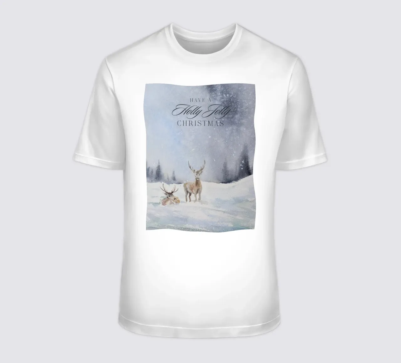 Renne in un bosco invernale con la scritta Have a Holly Jolly Chr t-shirt da Studio Vibe