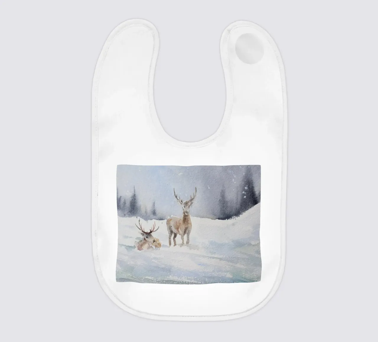 Renne in un bosco invernale con la scritta Have a Holly Jolly Chr bavaglino da Studio Vibe