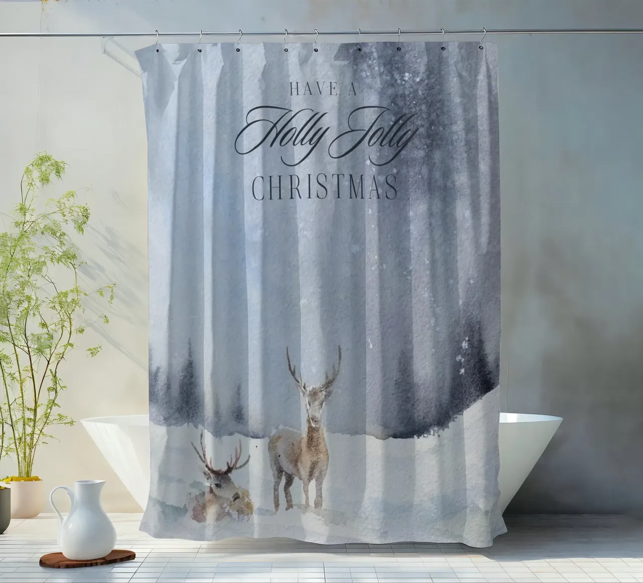 Renne in un bosco invernale con la scritta Have a Holly Jolly Chr tenda da doccia da Studio Vibe