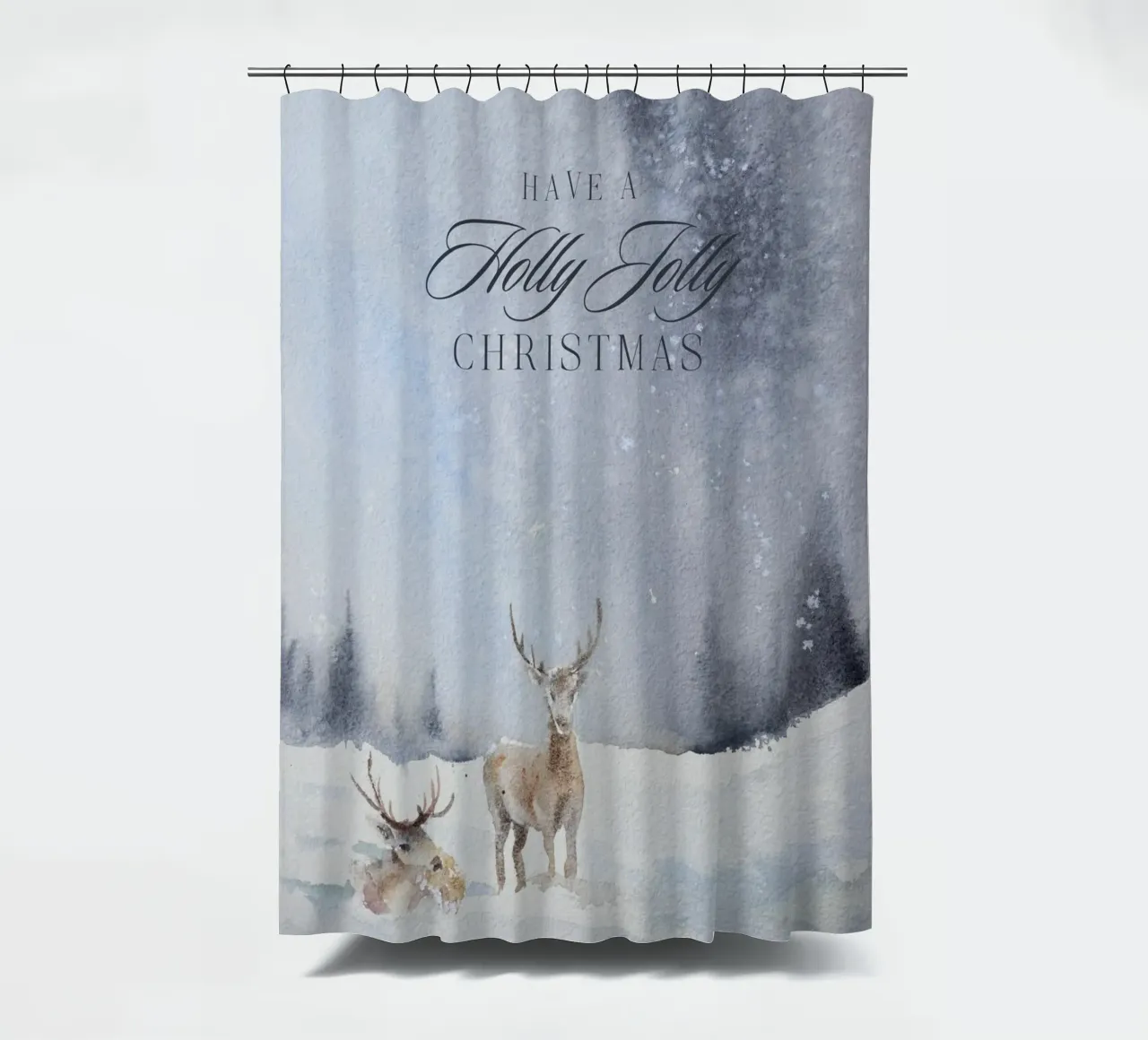 Renne in un bosco invernale con la scritta Have a Holly Jolly Chr tenda da doccia da Studio Vibe