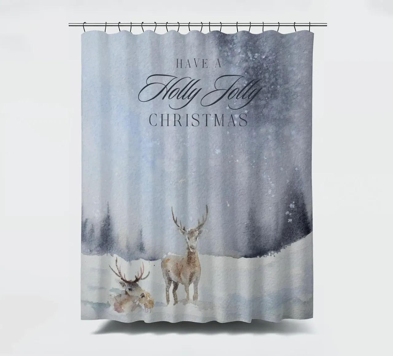 Renne in un bosco invernale con la scritta Have a Holly Jolly Chr tenda da doccia da Studio Vibe