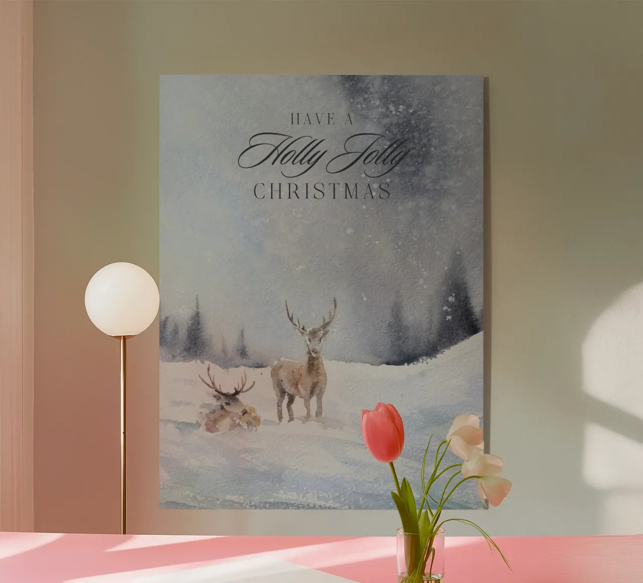 Renne in un bosco invernale con la scritta Have a Holly Jolly Chr plexiglass da Studio Vibe