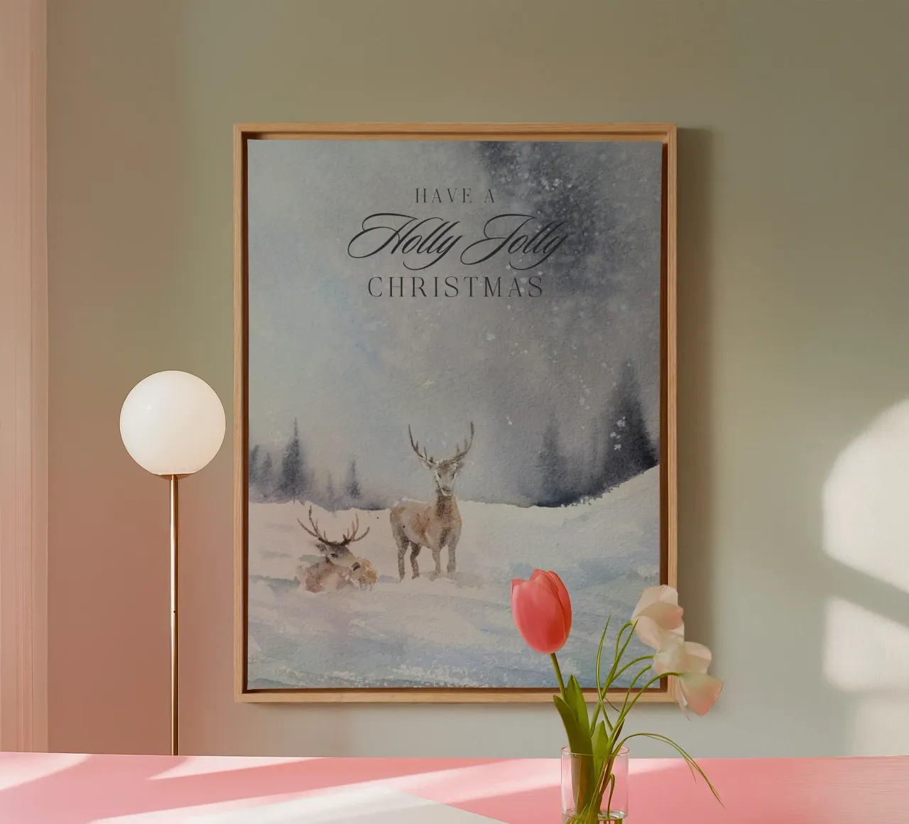 Reindeer in a winter forest with the lettering Have a Holly Jolly Chr canvas with Floater frame by Studio Vibe