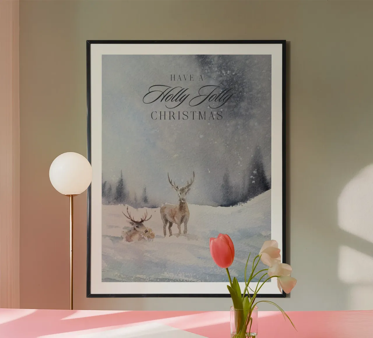 Reindeer in a winter forest with the lettering Have a Holly Jolly Chr poster by Studio Vibe