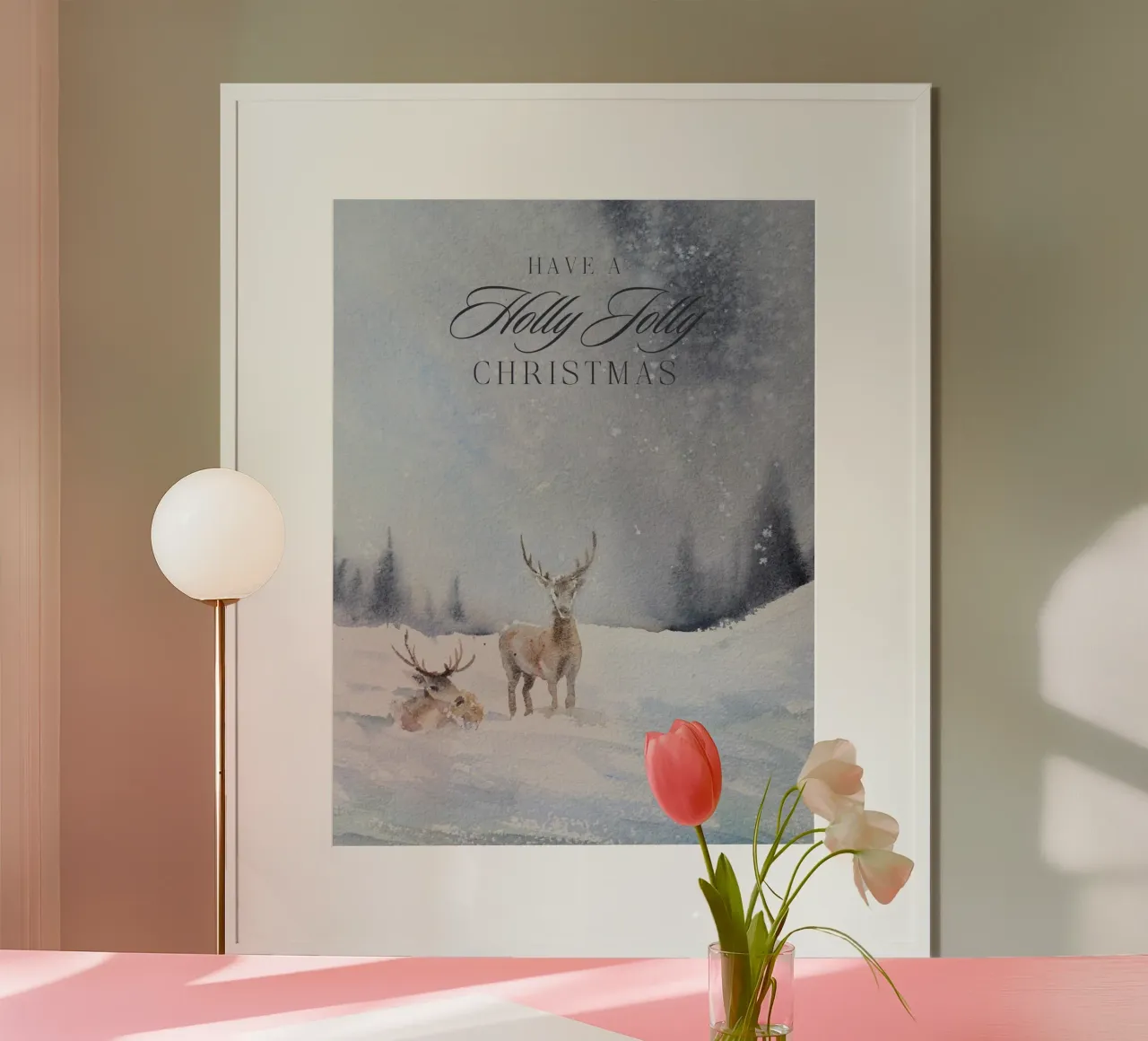 Reindeer in a winter forest with the lettering Have a Holly Jolly Chr poster by Studio Vibe