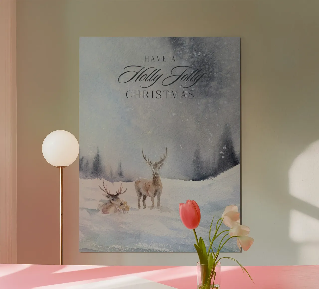 Reindeer in a winter forest with the lettering Have a Holly Jolly Chr poster by Studio Vibe