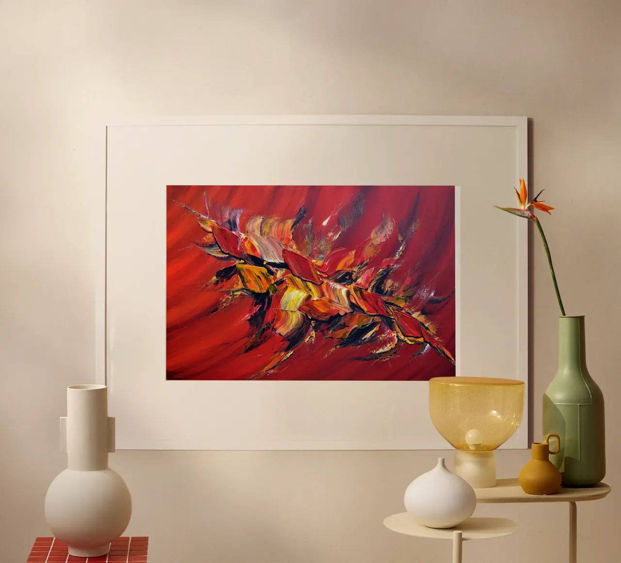 L'uccello di fuoco poster con telaio in legno da Thierry Vobmann Abstract painting