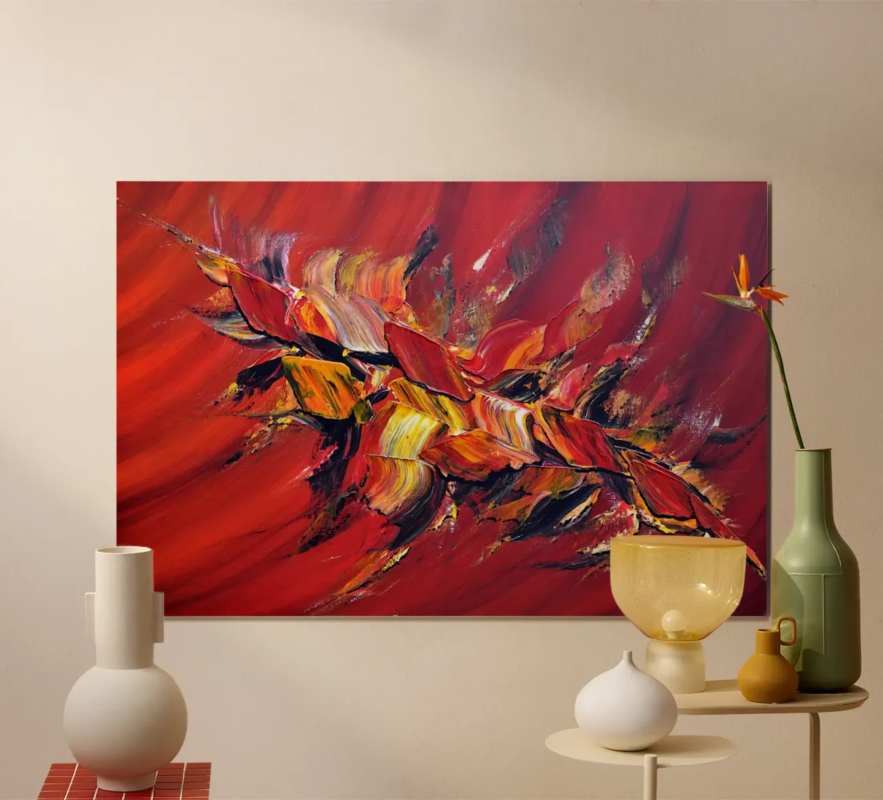 L'uccello di fuoco poster con telaio in legno da Thierry Vobmann Abstract painting