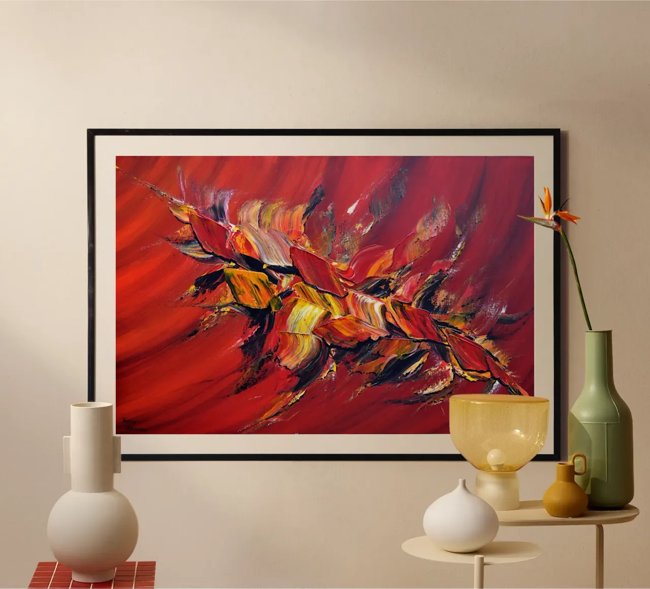 L'uccello di fuoco poster con telaio in legno da Thierry Vobmann Abstract painting