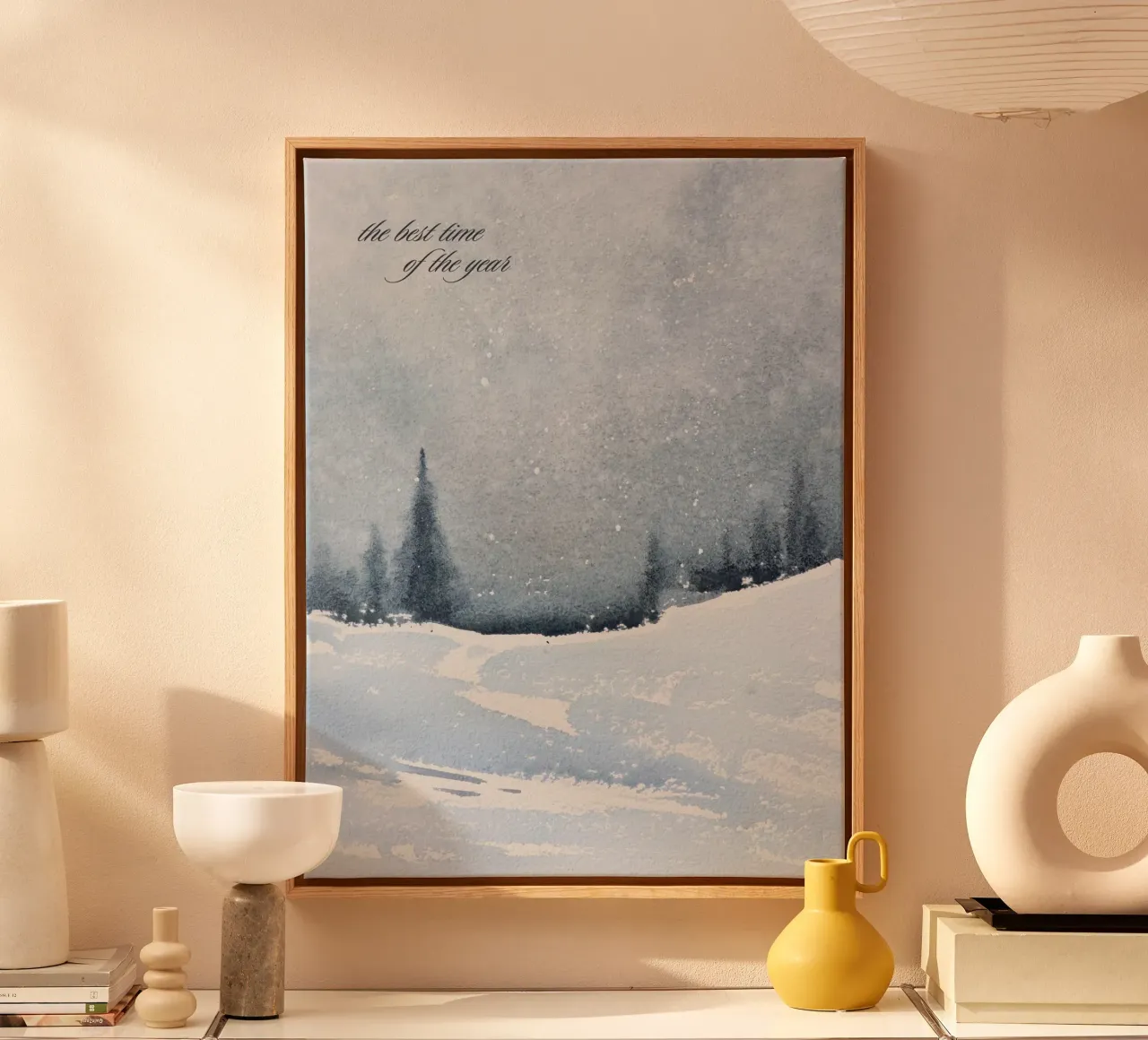 Winter landscape in the snow with saying the best time of year canvas with Floater frame by Studio Vibe