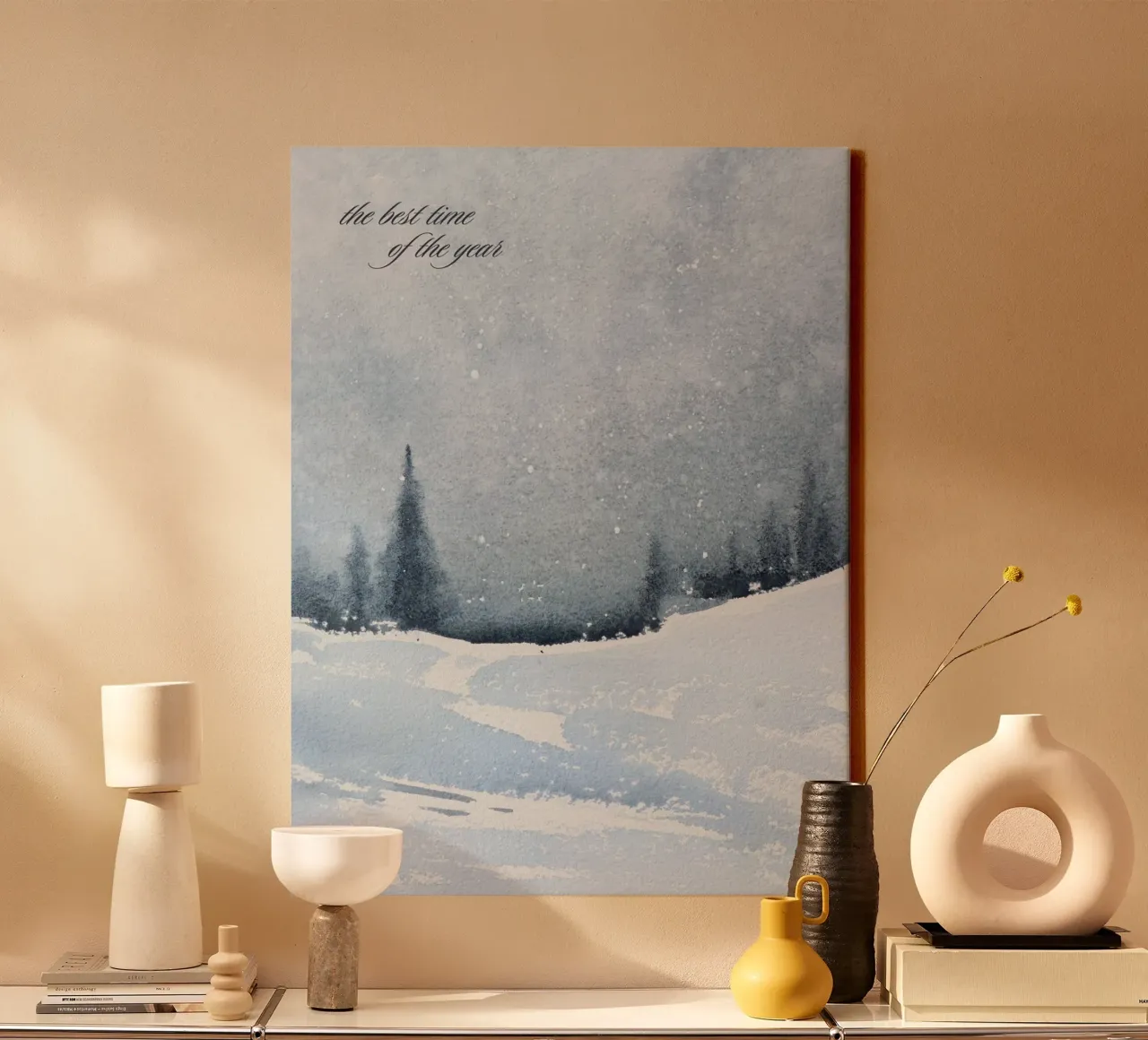 Winter landscape in the snow with saying the best time of year canvas with Floater frame by Studio Vibe
