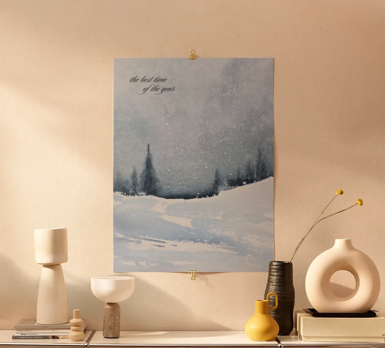 Winter landscape in the snow with saying the best time of year poster by Studio Vibe