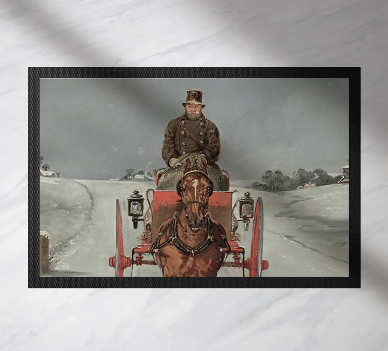 Carrozza trainata da cavalli su una strada di campagna innevata in inverno zerbino da Studio Vibe