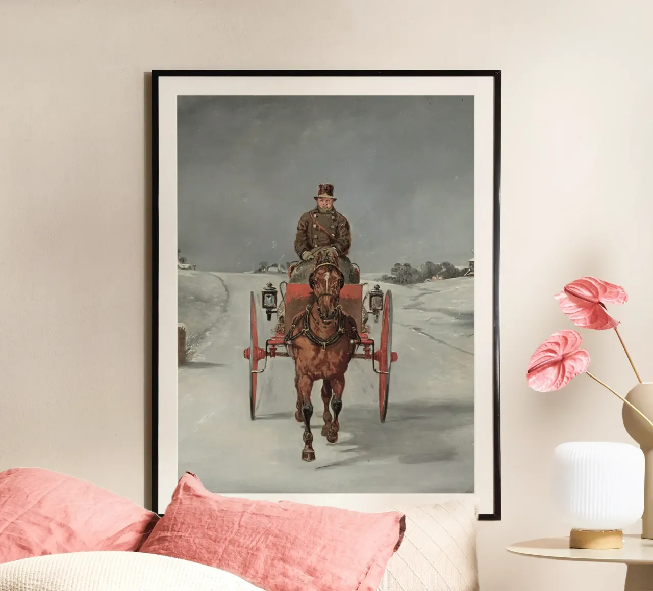 Carrozza trainata da cavalli su una strada di campagna innevata in inverno poster con telaio in legno da Studio Vibe
