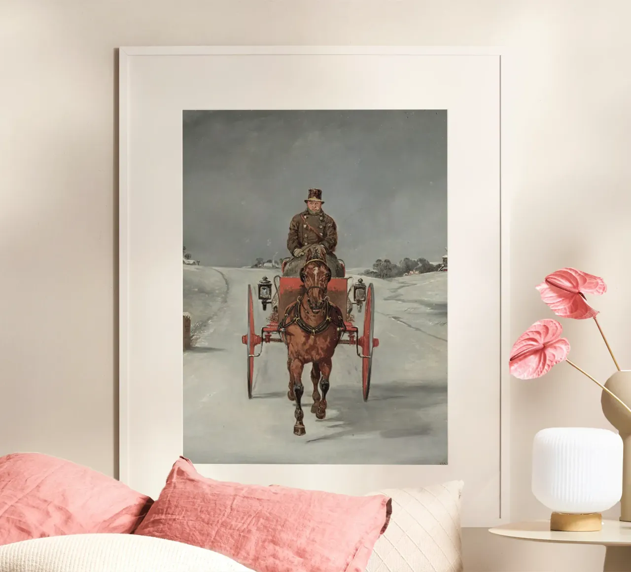 Carrozza trainata da cavalli su una strada di campagna innevata in inverno poster con telaio in legno da Studio Vibe