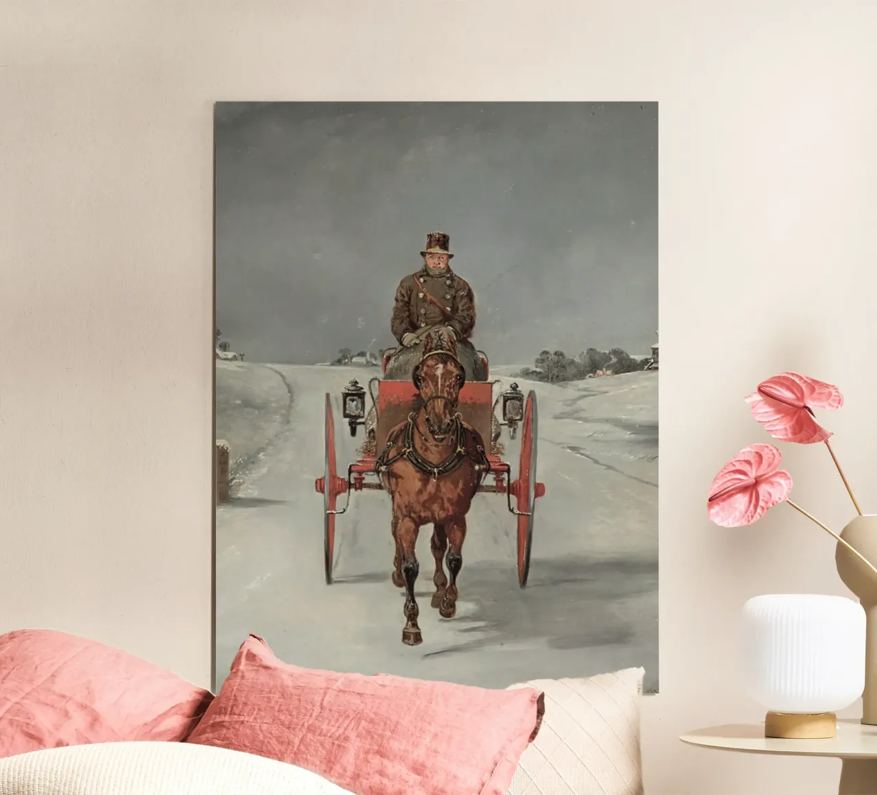 Carrozza trainata da cavalli su una strada di campagna innevata in inverno poster con telaio in legno da Studio Vibe