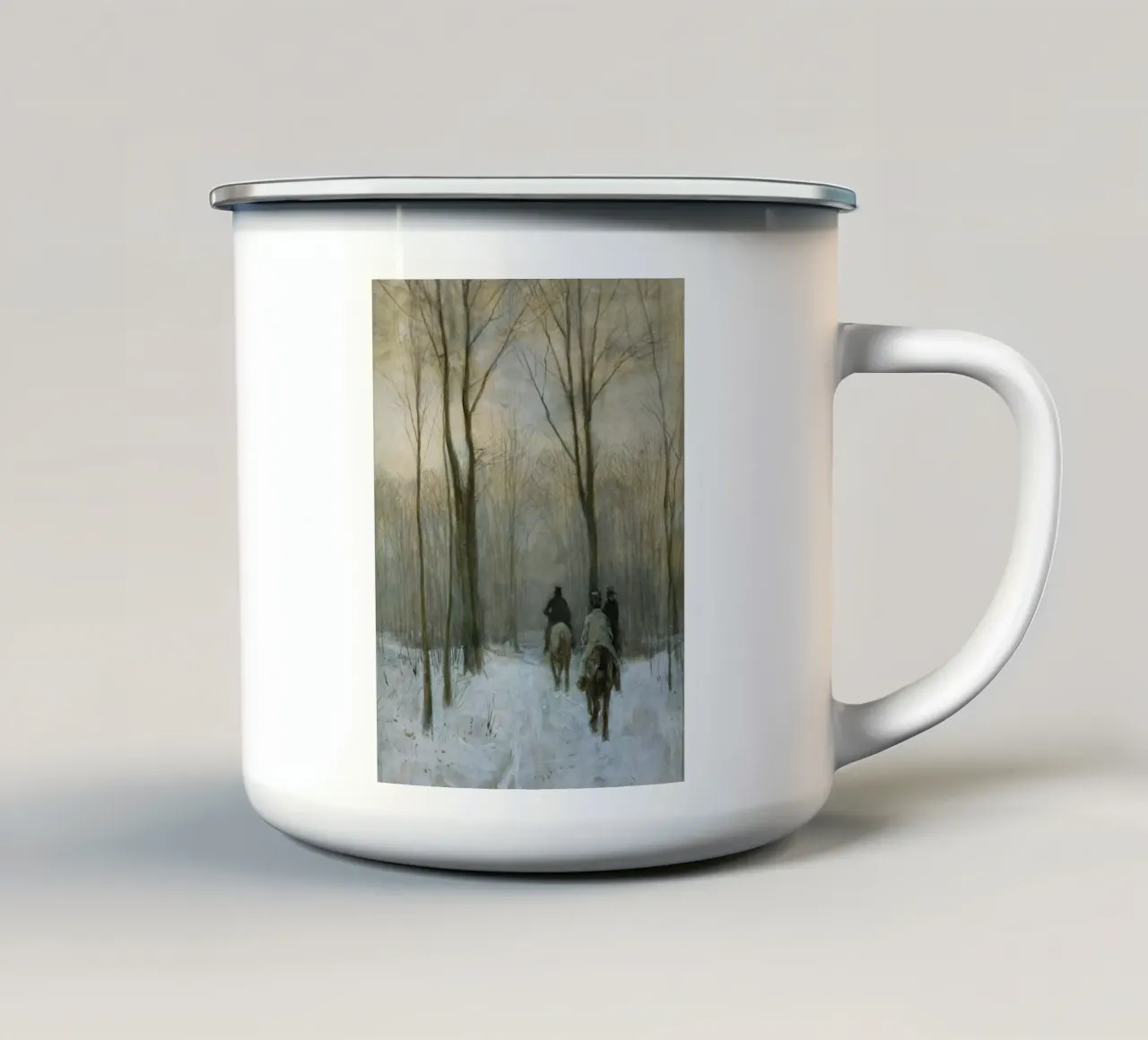 Tre cavalieri in un bosco invernale innevato sotto alberi spogli tazza in smalto da Studio Vibe