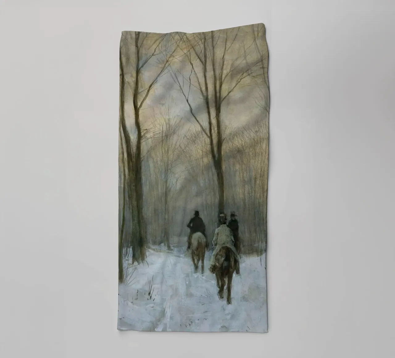 Three riders in a snowy winter forest under bare trees towel by Studio Vibe