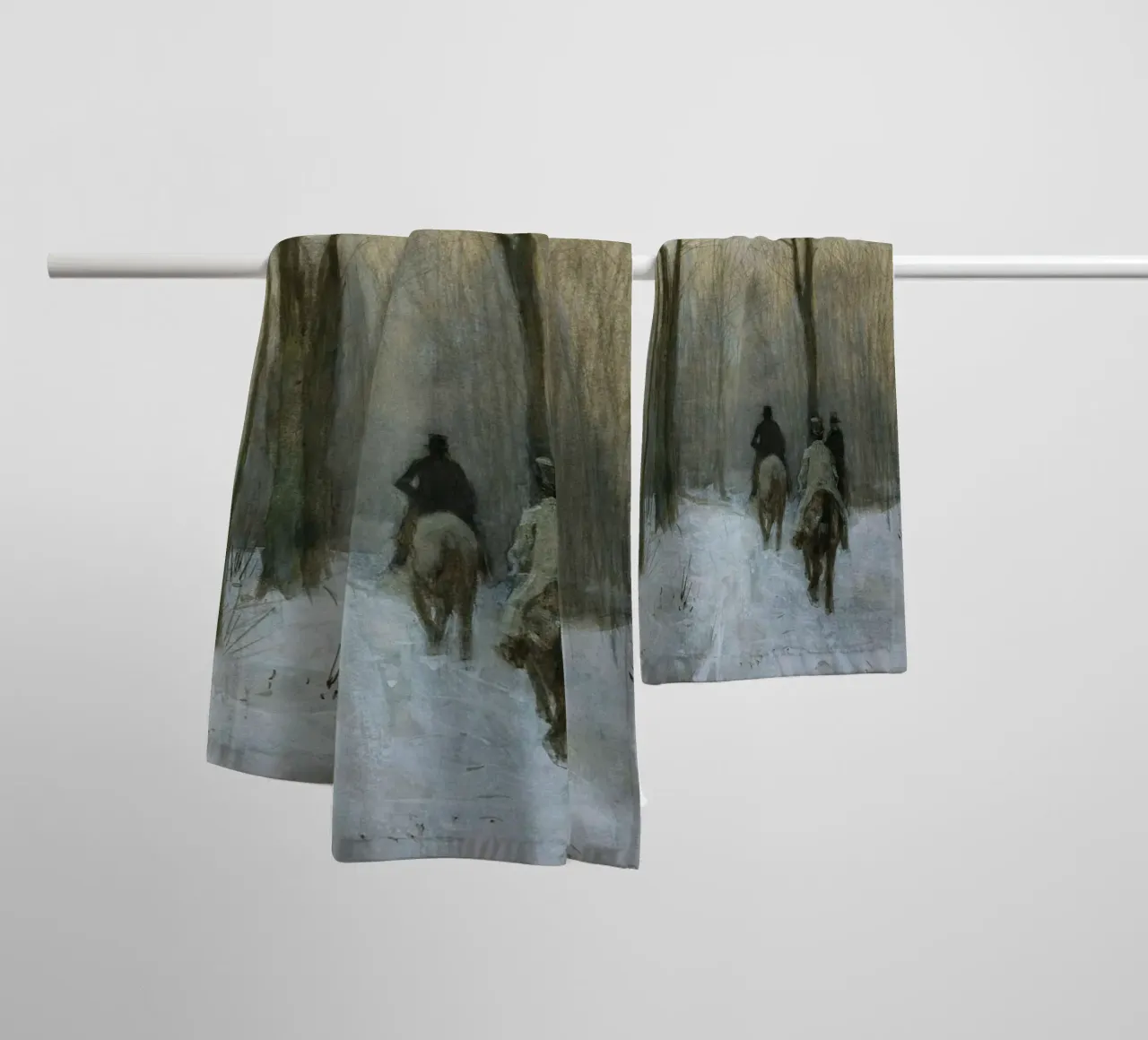 Three riders in a snowy winter forest under bare trees towel by Studio Vibe