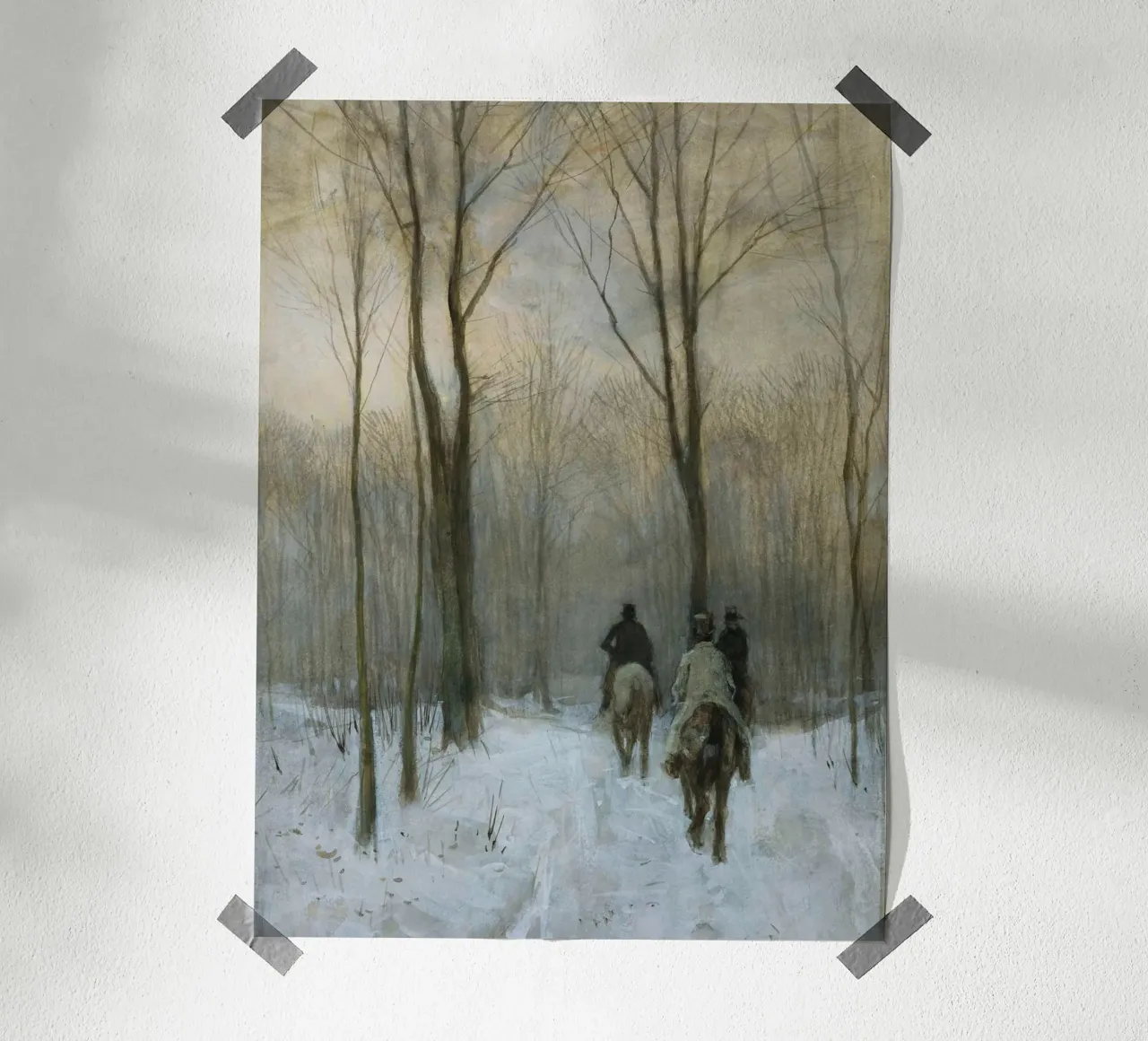 Tre cavalieri in un bosco invernale innevato sotto alberi spogli poster con telaio in plastica da Studio Vibe