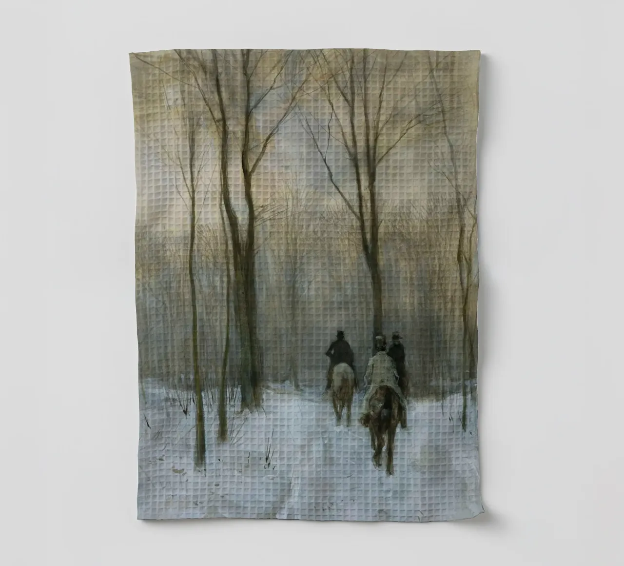 Trois cavaliers dans une forêt d'hiver enneigée sous des arbres dénudés torchon de Studio Vibe