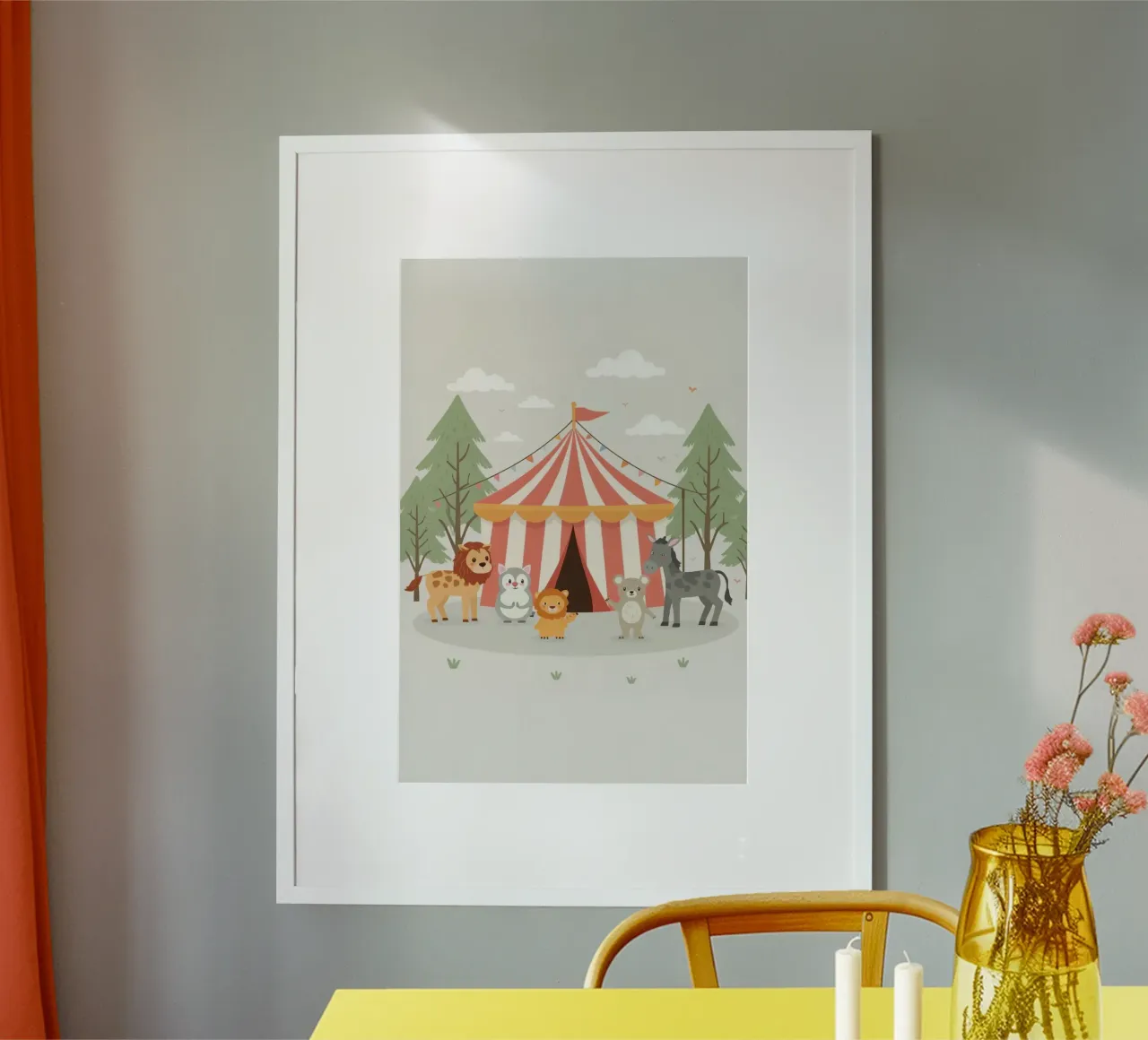 Animali dei cartoni animati fuori dal tendone del circo a strisce poster con telaio in plastica da DesignDoodle