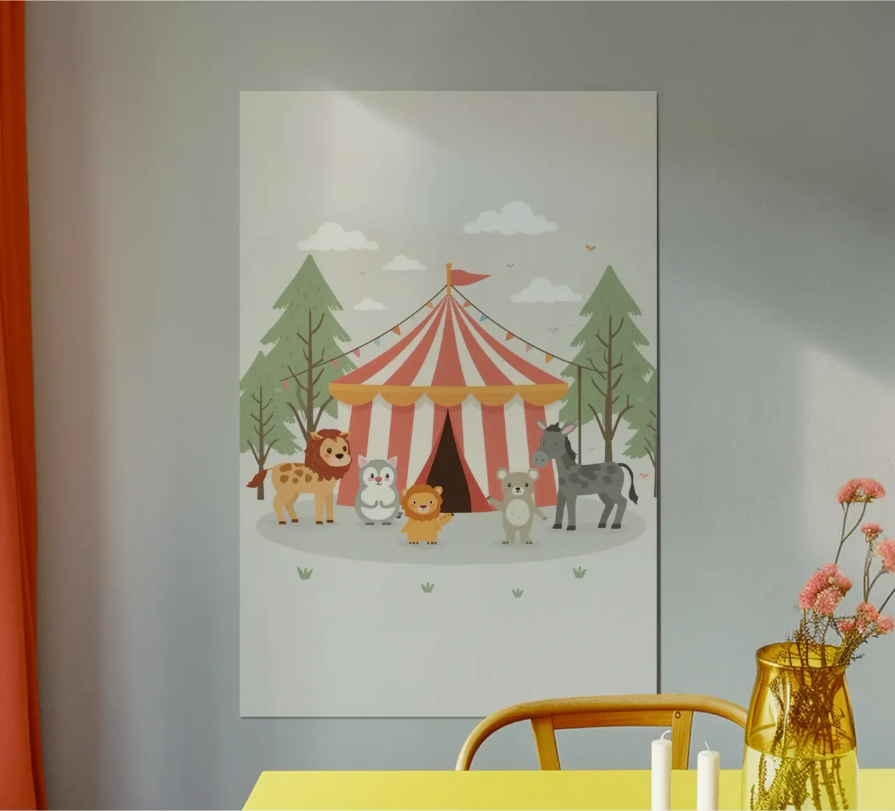 Animali dei cartoni animati fuori dal tendone del circo a strisce poster con telaio in plastica da DesignDoodle