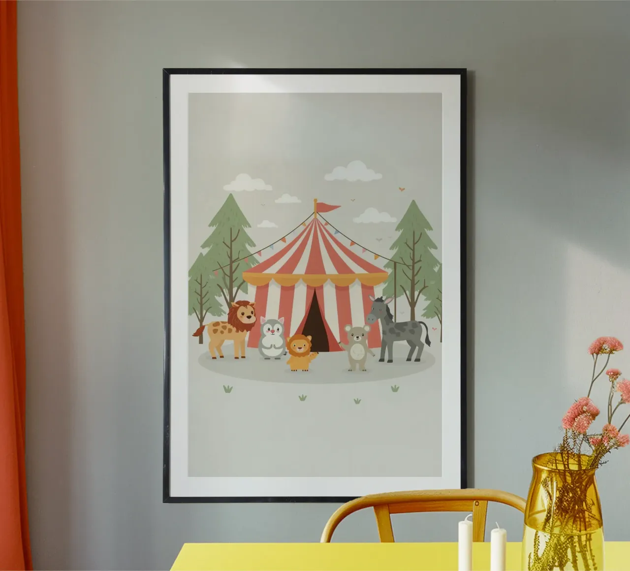 Animali dei cartoni animati fuori dal tendone del circo a strisce poster con telaio in plastica da DesignDoodle
