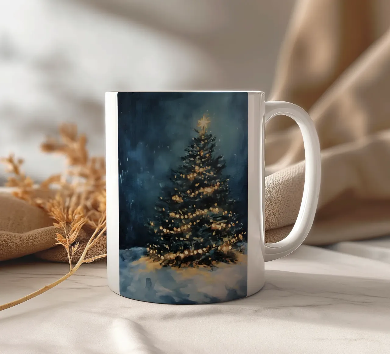 Albero di Natale luminoso nella neve con una stella scintillante tazza in ceramica da Studio Vibe