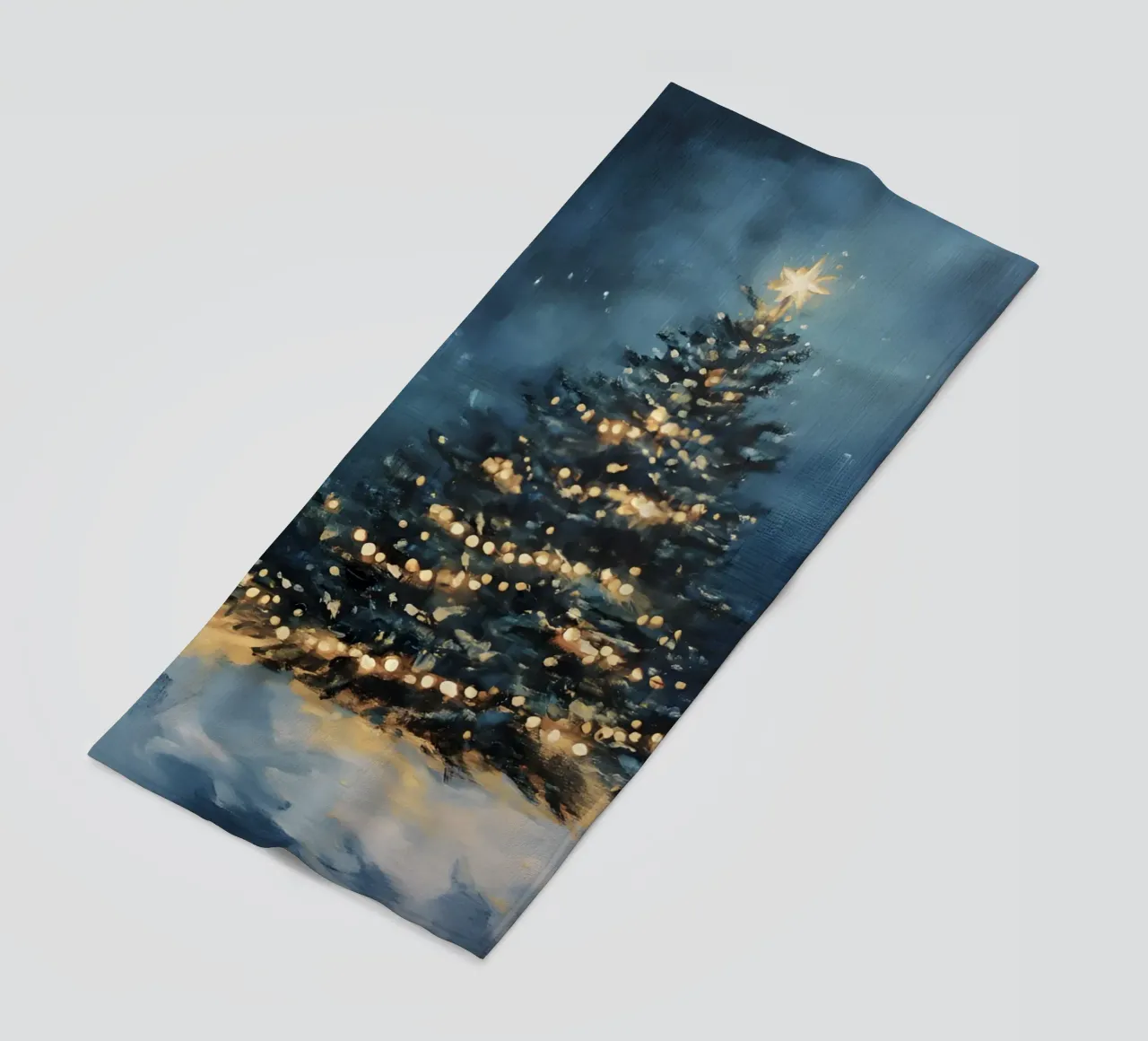 Albero di Natale luminoso nella neve con una stella scintillante telo mare da Studio Vibe