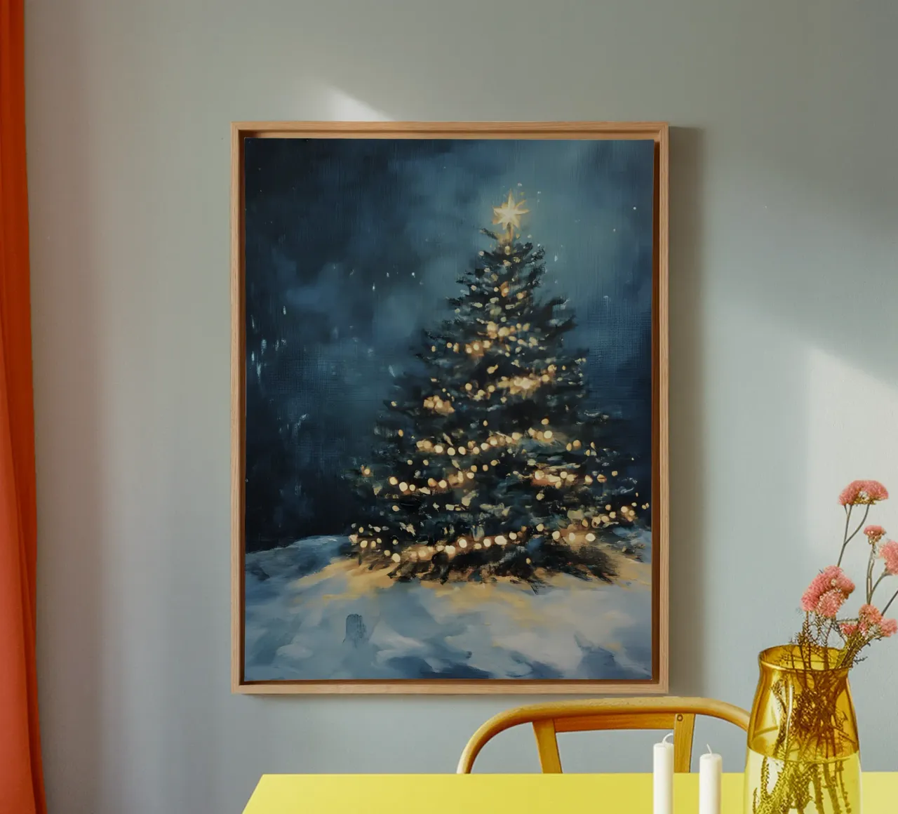 Gloeiende kerstboom in de sneeuw met een fonkelende ster canvas met Baklijst van Studio Vibe
